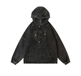 Retro High Street Design Wash Old Denim Hoodie Mens Oversize Custom Half Zip Woven Casual Stonewashed Loose Jacket