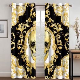 Cheap 3D Print Black Gold Classic Brand Luxury Pattern Skull 2 Pieces Shading Window Curtain for Living Room Bedroom Decor Hook