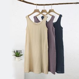 Casual Dresses Cotton Gauze Summer For Women 2024 Sleeveless Chic Tank Dress Midi Sundress Robe With Pockets Vestidos