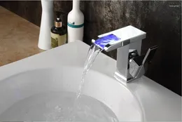 Bathroom Sink Faucets Color Changing LED Waterfall Square Faucet Mixer Tap Single Hole