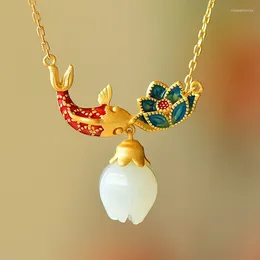 Pendants Natural An Jade Necklaces Enamel Fish-shaped Lotus Ancient Gold Craft Pendant Light Luxury Chinese Style Retro Charm Jewellery