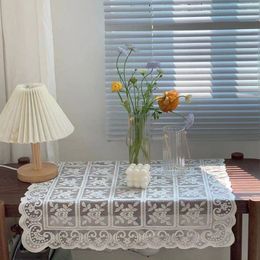 Rectangle Table Cover For Kitchen Wedding Dining Room White Lace Ice Silk Hollowed Out Tablecloth Retro