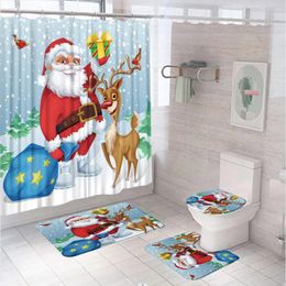 Shower Curtains Christmas Santa Claus Curtain Set Cute Reindeer Gift Bird Winter Snowflake Bathroom Bath Mat Rug Toilet Lid Cover