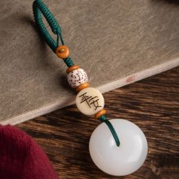 Natural White Green Jade Agates Stone Round Pendant Keychain Hand-carved Lucky Amulet Keyring Gifts For Men Women