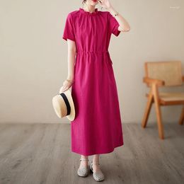 Party Dresses Ruffled Collar Draw String Slim Waist Short Sleeve Loose Vintage Summer Dress For Women Outdoor Travel Style Casual Long