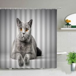 Funny Animal Cat Dog Printing Shower Curtains Waterproof Fabric Children's Bathroom Curtain Home Bathtub Decor Screen with Hooks