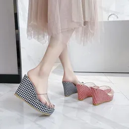 Slippers Women's Wedge 2024 Summer Korean Version Of Small Fresh Plaid Thick Sole Sandals A Word Transparent Fish Mouth Shoes