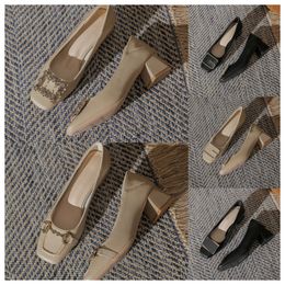 2024 new Designer High square toe black white women fashionable middle heels soft soles thick heels and single shoes