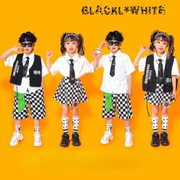 Kids Kpop Hip Hop Clothing White Shirt Top Vest Streetwear Plaid Shorts Skirt for Girl Boy Dance Costume Group Stage Clothes