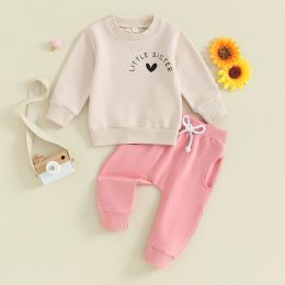 Trousers Fashion Autumn New Baby Girls Clothes Set Casual Letter&Heart Print Long Sleeve Pullover Tops Pants 2PCS Children Outfits Suit