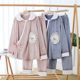 Winter Flannel Maternity Pajamas Breastfeeding Pregnant Women Nursing Nightwear Set Top Pants Pregnancy Sleepwear Nightgown