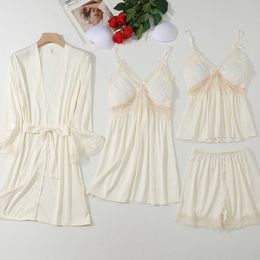 Summer Female Four Piece Pajamas Set Sexy Pink Patchwork Lace Sleepwear Pijamas Suit Loose Silk Satin Home Clothes Lounge Wear