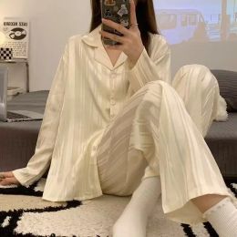 Womens Striped Silk Satin Pyjamas Set Long Sleeve Pants 2 PCS Homesuit Female Spring Autumn Sleepwear Comfortable Loungewear 3XL