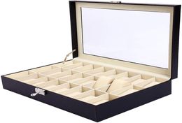 24 Slot PU Leather Watch Box Watches Case Jewelry Display Storage Organizer Box With Key Lock Glass Top Gift For Men Women MX2004910836