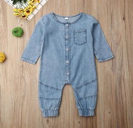 Spring Autumn Baby Clothing Long Sleeve Romper Denim Solid Jumpsuit Pocket Outfits Newborn Kids Baby Girl Boy Clothes 2010273734941