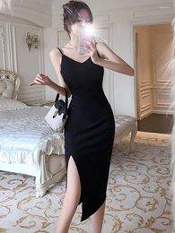 Casual Dresses 2024 Black Sling Backless Sexy Slit Long Dress Women Korean Vintage Hepburn Prom Summer Elegant Luxury Party Evening