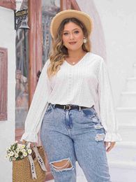 Basic Casual Dresses Plus Size Bow Tie Backless Contrast Lace White Tops Chic V Neck Long Sleeve Shirt Women Sweet Casual Spring Large Size Blouses L49