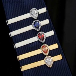 Tie Clips High-end Mens Tie Clip Mens Fashion Wedding Dress Necktie Accessories Jewelry Luxury Water Drop Zircon Ties Clips Gift for Men Y240411