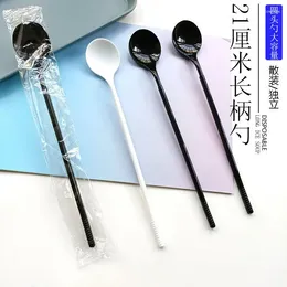 Disposable Flatware Spoon Wholesale Plastic Long Handle Milk Tea Shop Roast Sen Individually Wrapped Fruit Packed 21Cm