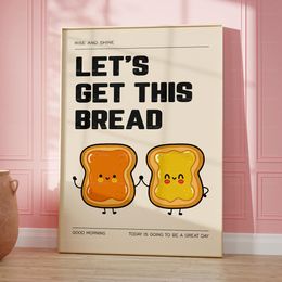 Funny Cute Black Cat Toast Lover Gift Let's Get Bread Breakfast Quotes Wall Art Canvas Painting Posters For Kids Room Home Decor
