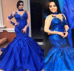 Gorgeous Royal Blue Mermaid Prom Dresses 2019 Saudi Arabia High Neck Illusion Nude Long Sleeve Evening Gown Applique Plus Size7045812