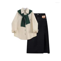 Work Dresses Women Two-piece Retro Suit Sweet Style Shirt Denim Skirt Simple Shawl With Pockets Loose Top Trendy Sets Outifits