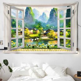River Window Tapestries Landscape Painting Faux Tapestry Cherry Tree Wall Hanging Boho Style Beach Towel Bedroom Room Aesthetics Home Decor R0411