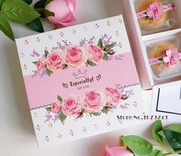 Gift Wrap 4 Holes Pink Flower Cake BoxMacarons Box Cookies Muffin Biscuits Packaging 100pcs/lot