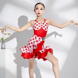 Stage Wear 2024 Big Red Wave Dot Bodysuit Split Skirt Suit Chacha Rumba Tango Dress Kids Clothing Latin Performance Dance DN17522