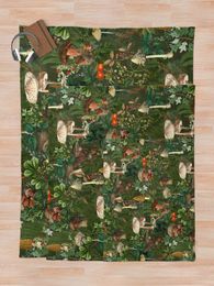 Vintage Night Mushrooms Botanical Forest Garden- Pattern green Throw Blanket Summer Blanket