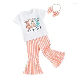 Clothing Sets Toddler Baby Girl Easter Outfit Short Sleeve T Shirt Top Striped Pants Bell Bottoms Headband Set Infant 3Pcs Clothes