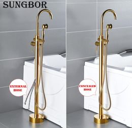 Bathtub Faucet Gold Round Spout Single Handle Mixer Water Taps Bathroom Bath Hand Shower Floor Mounted Tub Faucet Set HD2678K13088195