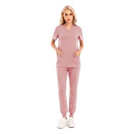 New Women Nursing Uniform V-neck Short Sleeve Pocket Working Wear Solid Light Breathable Tops Pants Soft Workwear Suit 10 Colours