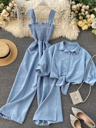 Women's Two Piece Pants Summer Fashion Solid Chiffon Loose Casual Two-piece Sets Women Short Sun Protection Jacket Camisole Jumpsuit Ssuits