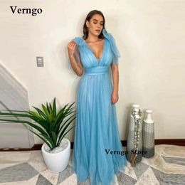 Party Dresses Verngo Sparkly Gitter Light Blue Tulle Prom Plus Size V Neck Bow Shoulder Arabic Women Evening Gowns Formal Dress