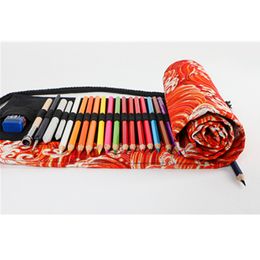 12/24/36/48/72 Holes Red Sea Pen Curtain Case Canvas Roll Up Pencil Bag Makeup Wrap Holder Storage Pouch School Supplies