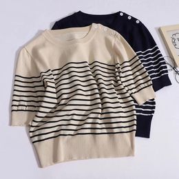 Women's T Shirts Striped Short-sleeved Knitted T-shirt Summer Loose Simple And Elegant Tops