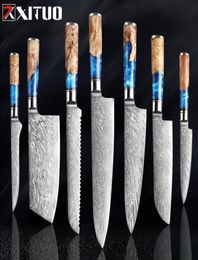 XITUO Kitchen KnivesSet Damascus Steel VG10 Chef Knife Cleaver Paring Bread Knife Blue Resin and Colour Wood Handle Cooking Tool3786787