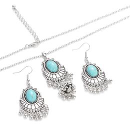 Ethnic Silver Plated Turquoises Stone Pendant Necklace Set for Women Bohemia Jewellery Beads Tassel Vintage Women's Jewellery Sets