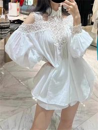 Women's Blouses Women White Loose Blouse Off Shoulder Lace Hollow Out Spliced Top 2024 Spring Summer Ladies Elegant Design Halter Shirts