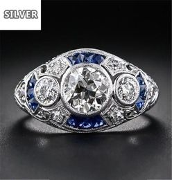 925 anillos Silver Retro Court Full Cubic Zirconia Ring For Women Ladies Elegant Blue Crystal Rings Banquet Sapphire Jewelry8318954