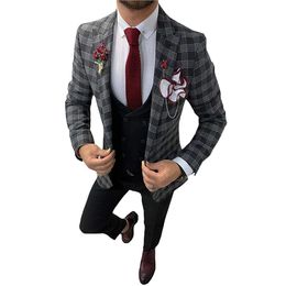 Terno Slim Fit Blue/Wine Red/Brown Plaid Cheque Men Suits Formal Blazer Masculino Tailor-Made Trajes De Novio 3 Pieces Set Tuxedo