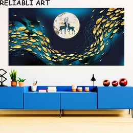 Abstract Rich Tree Elk Streamer Wall Art Pictures Modern Light Luxury Poster Canvas Painting For Living Room Home Decor No Frame