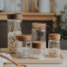 Glass Sealed Storage Jars Wood Lid Threaded Mouth Bottle Food Containers Coffee Beans Tea Tank Kitchen Organiser Grain Dispenser