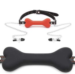 Silicone Cute Solid Dog Bone Ball Gag With Iron Chain Clips Breast Nipple Clamp BDSM Oral Bondage Restraints Set Flirting Fetish X1100404