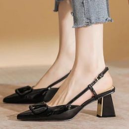 Summer Fashion Simple French Pointed Toe V-Button Shallow Dress Party Shoes Back Strap Buckle Thick Heel Sandals Women 240328