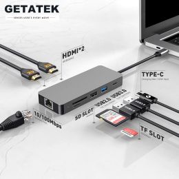 Hubs Getatek USB Hub 8 IN 1 Type C 3.0 to 4K HDMI Adapter with RJ45 SD/TF Card Reader PD Charge for MacBook Notebook Laptop Computer