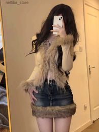 Sexy Skirt Washed Fur Panelled Denim Skirt for Women Retro y Hot Girl High Waist A-line Skirt Y2k Skirt Fashion Casual Package Hip Skirt L410