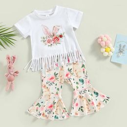 Clothing Sets Easter Kid Girls Summer Short Sleeve Crew Neck Flower Print T-shirt With Flare Pants Casual Outfits