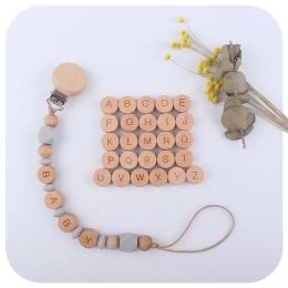 50pcs Flat Round Wooden Alphabet Beads Natural Wood Letter Beads For DIY Baby Teething Necklace Bracelet Pacifier Clip Chain